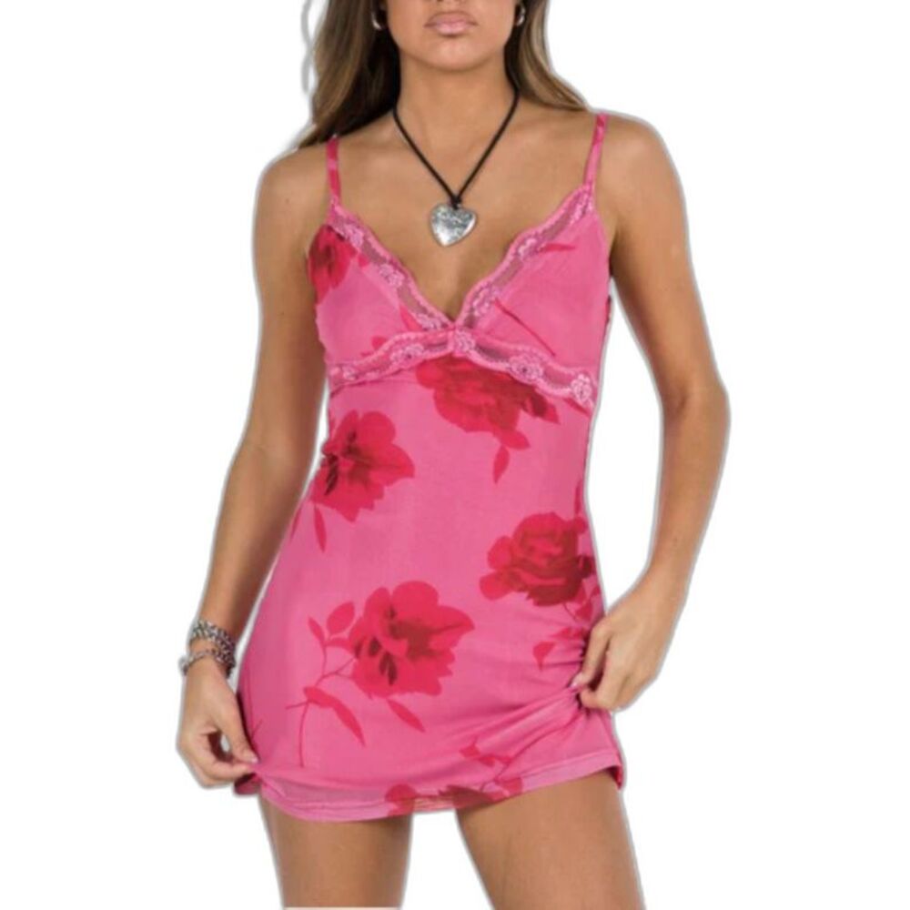 Princess Polly Womens Hot Pink Floral Mesh Sleeveless Slip-Style Mini Dress Sz 4